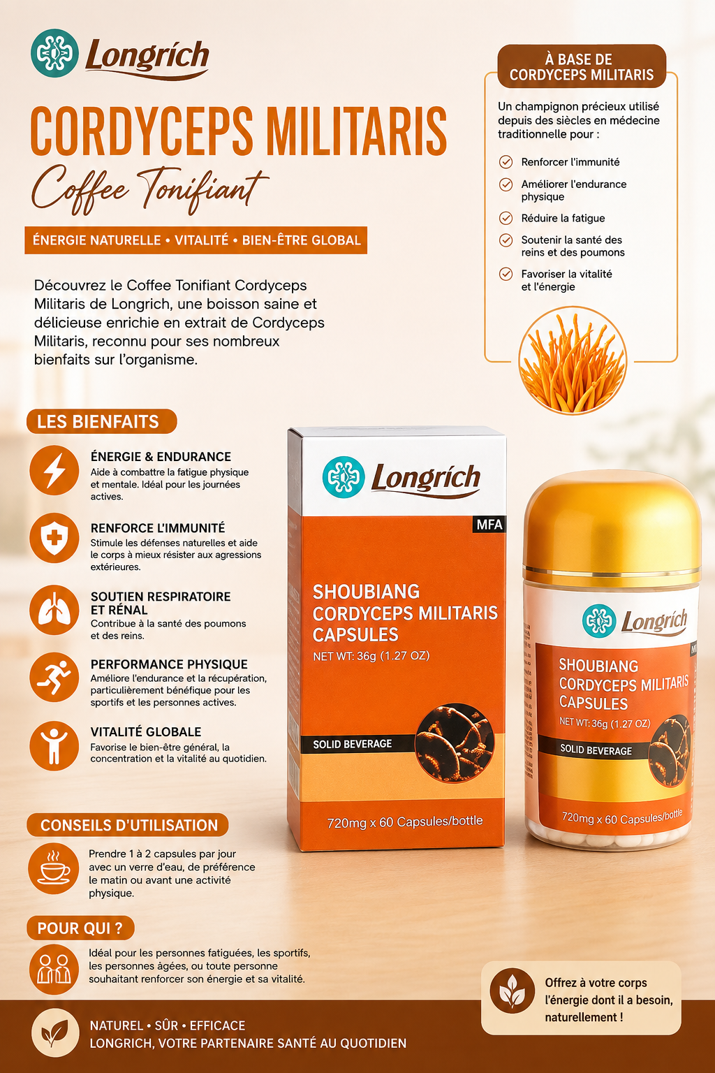 Vous êtes fatigué(e), à bout de souffle ou sans énergie ? Le Cordyceps Militaris Longrich change tout ✨